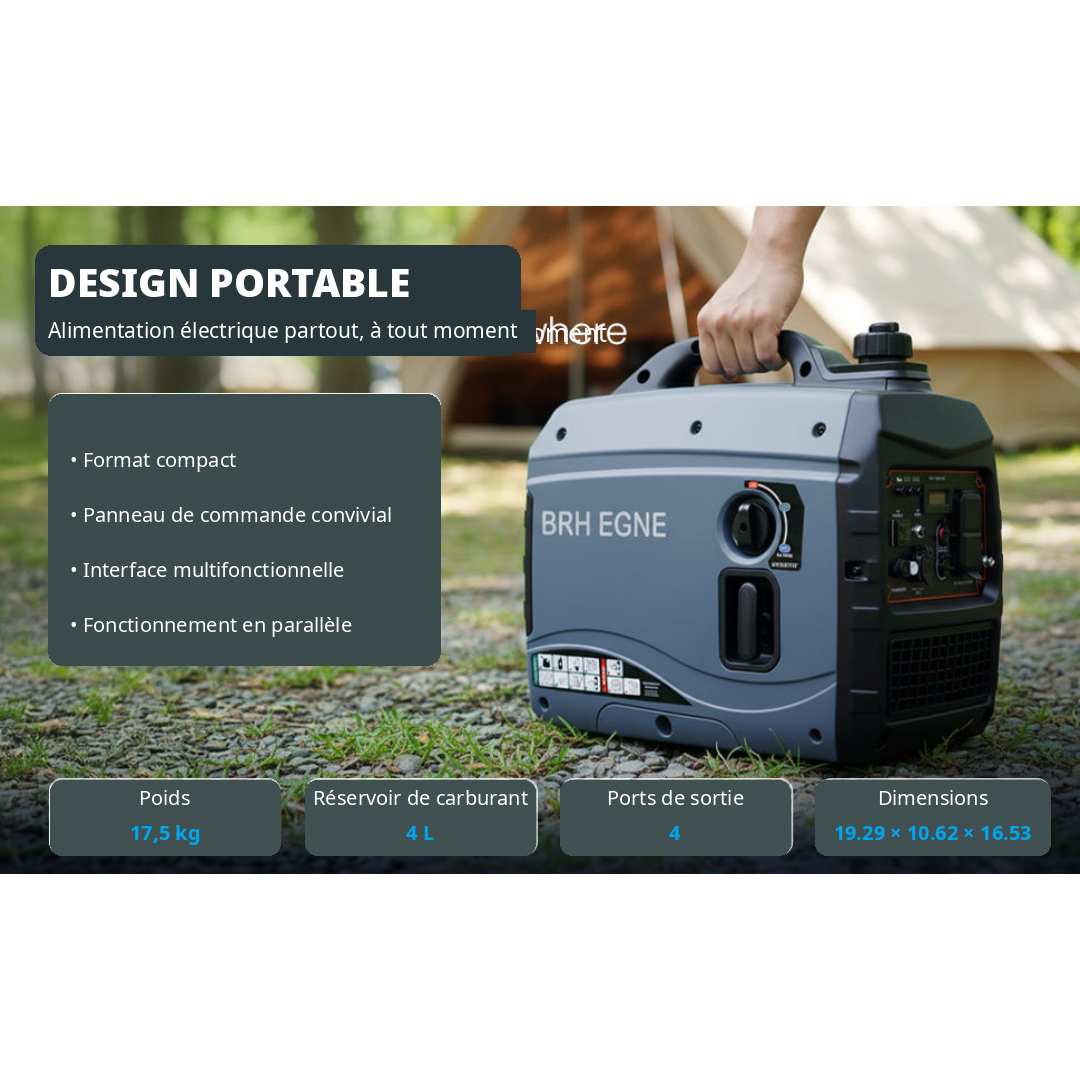 Groupe électrogène portable avec poignée et réservoir 4 L